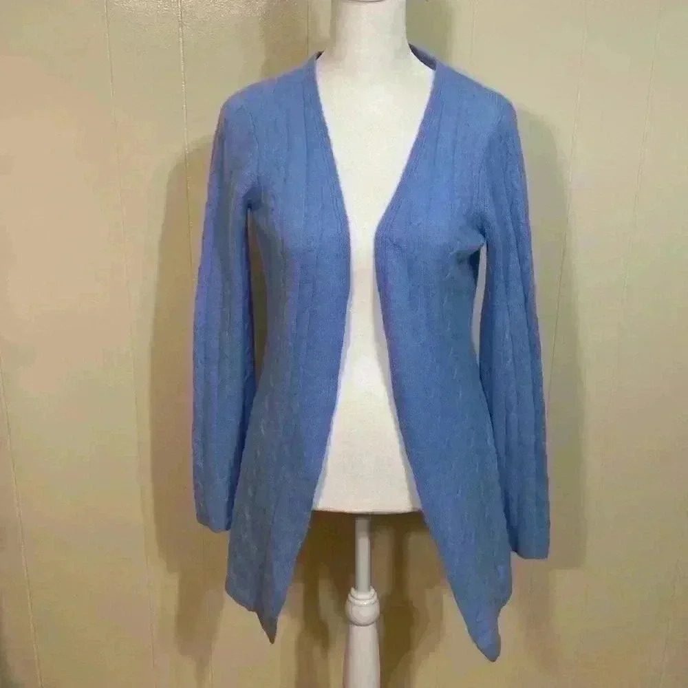 Minnie Rose 100% Cashmere Open Front Cardigan with Bell Sleeves.  Blue, Size XS.